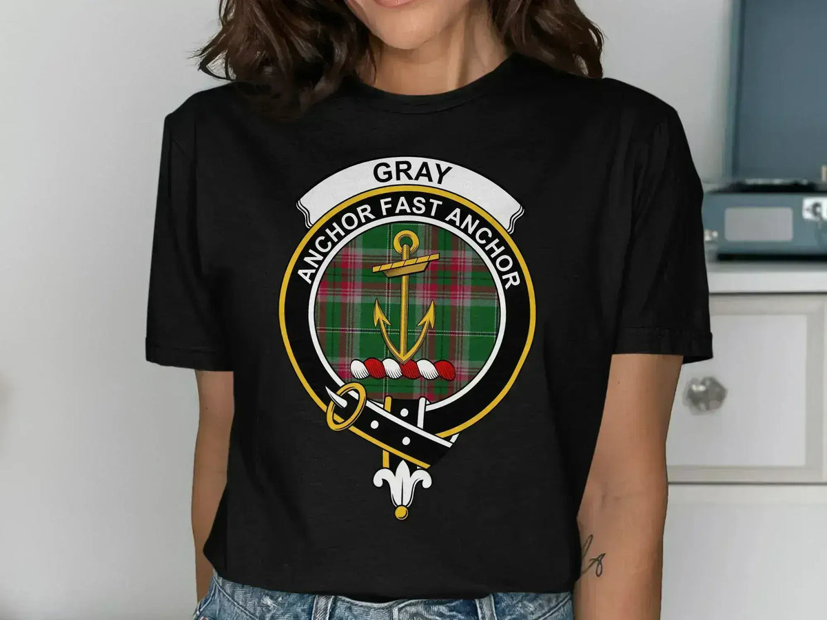 Gray Anchor Fast Anchor t-shirt — clan crest in tartan background on 100% cotton
