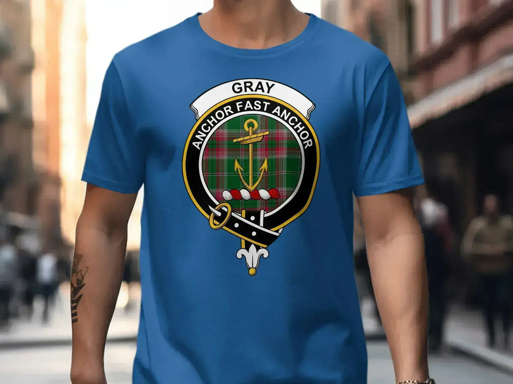 Gray clan crest emblem t-shirt front view — Anchor Fast Anchor motto with tartan design