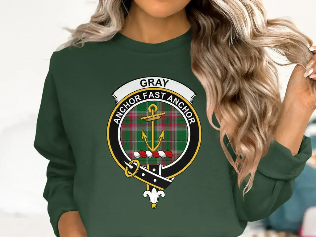 Gray clan crest sweatshirt with Anchor Fast Anchor motto and tartan design