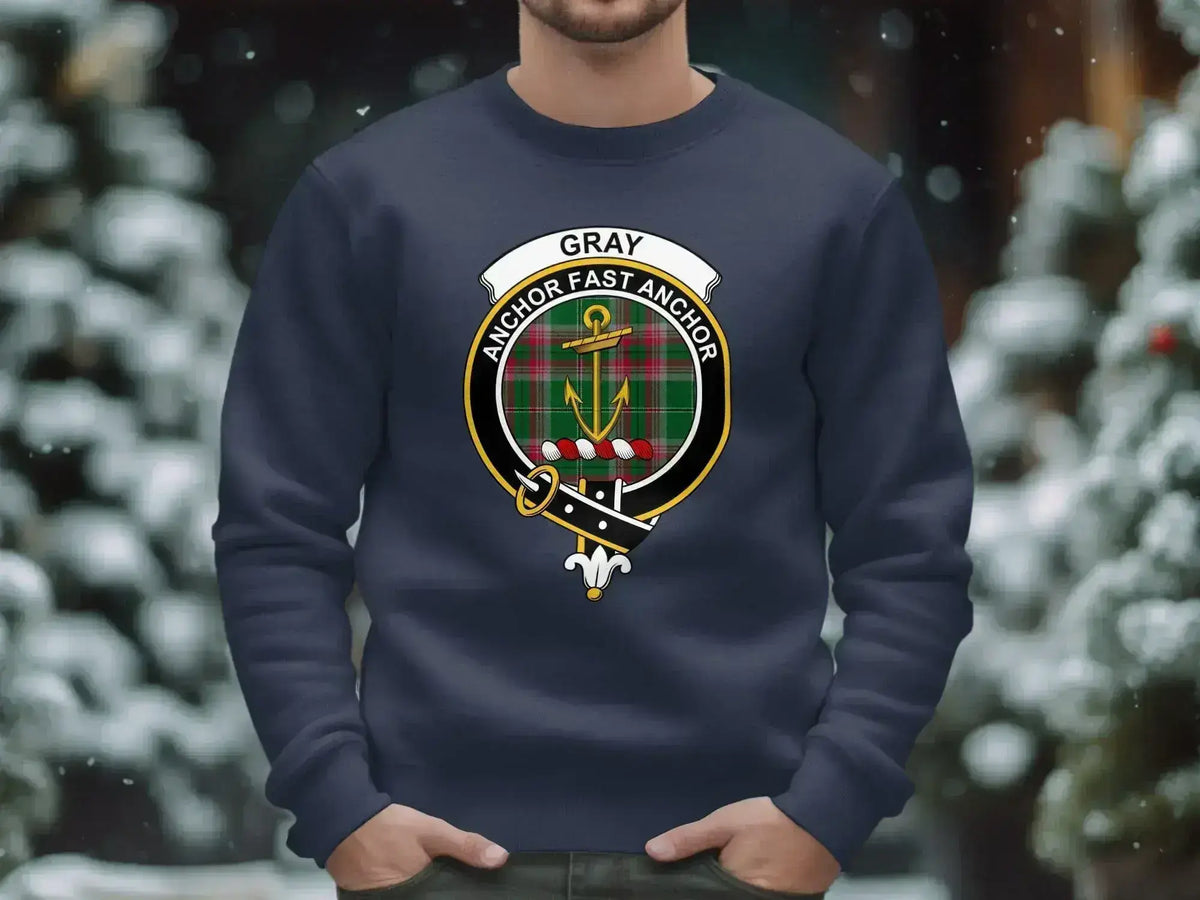 Gray clan crest shield design sweatshirt — Anchor Fast Anchor motto on fleece, laid flat