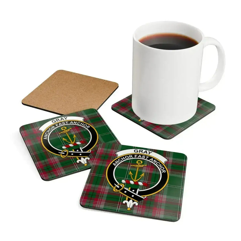 Gray Anchor Fast Anchor plaid pattern coasters — 3.75-inch corkwood with glossy sealed print