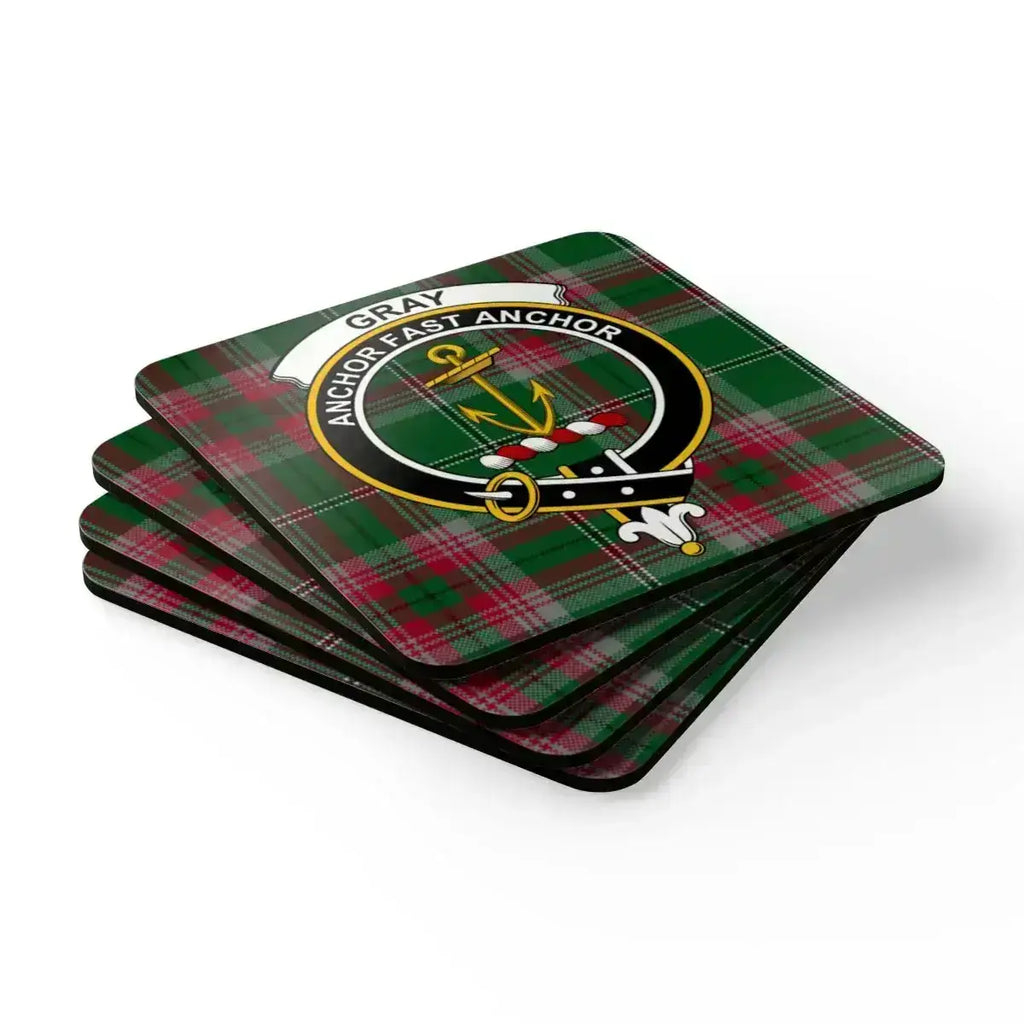 Gray clan crest tartan coasters — four natural cork squares with anchor heraldic design