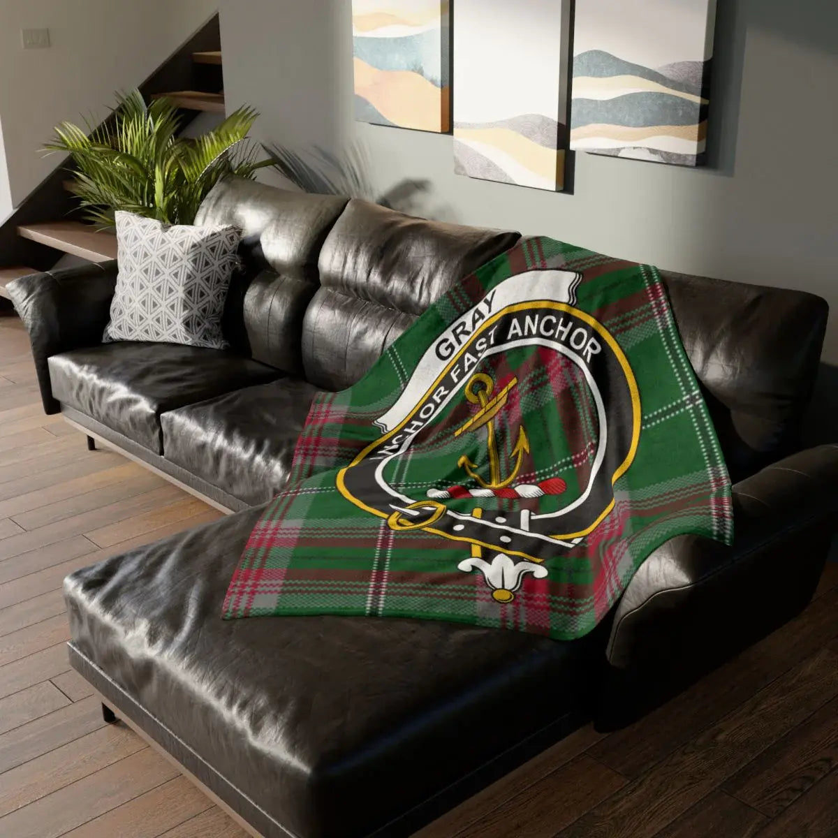 Gray clan crest throw blanket on sofa — 50x60 polyester, Anchor Fast Anchor tartan heraldic design