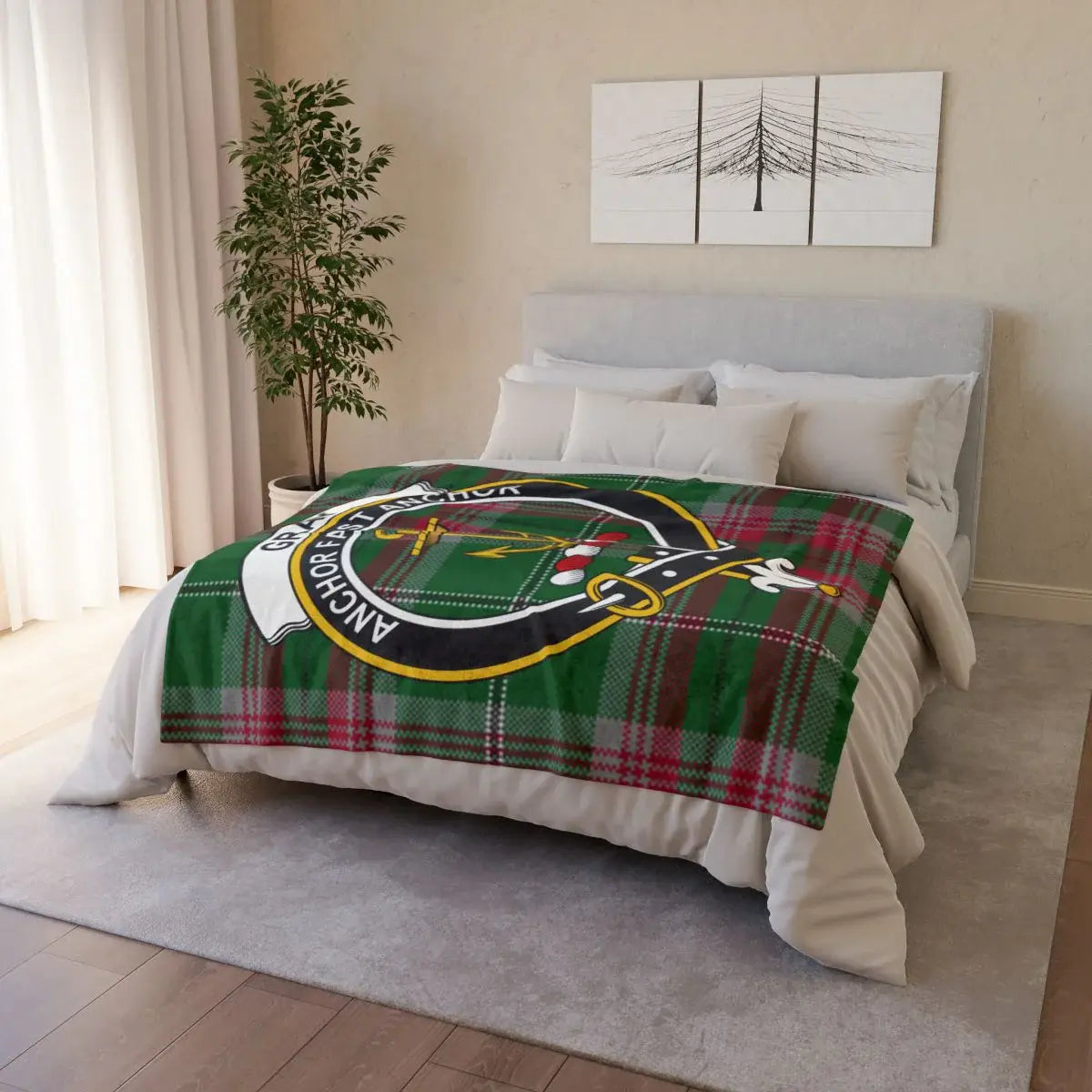 Gray clan crest tartan throw blanket on bed — ancestry heritage plaid pattern, cosy polyester