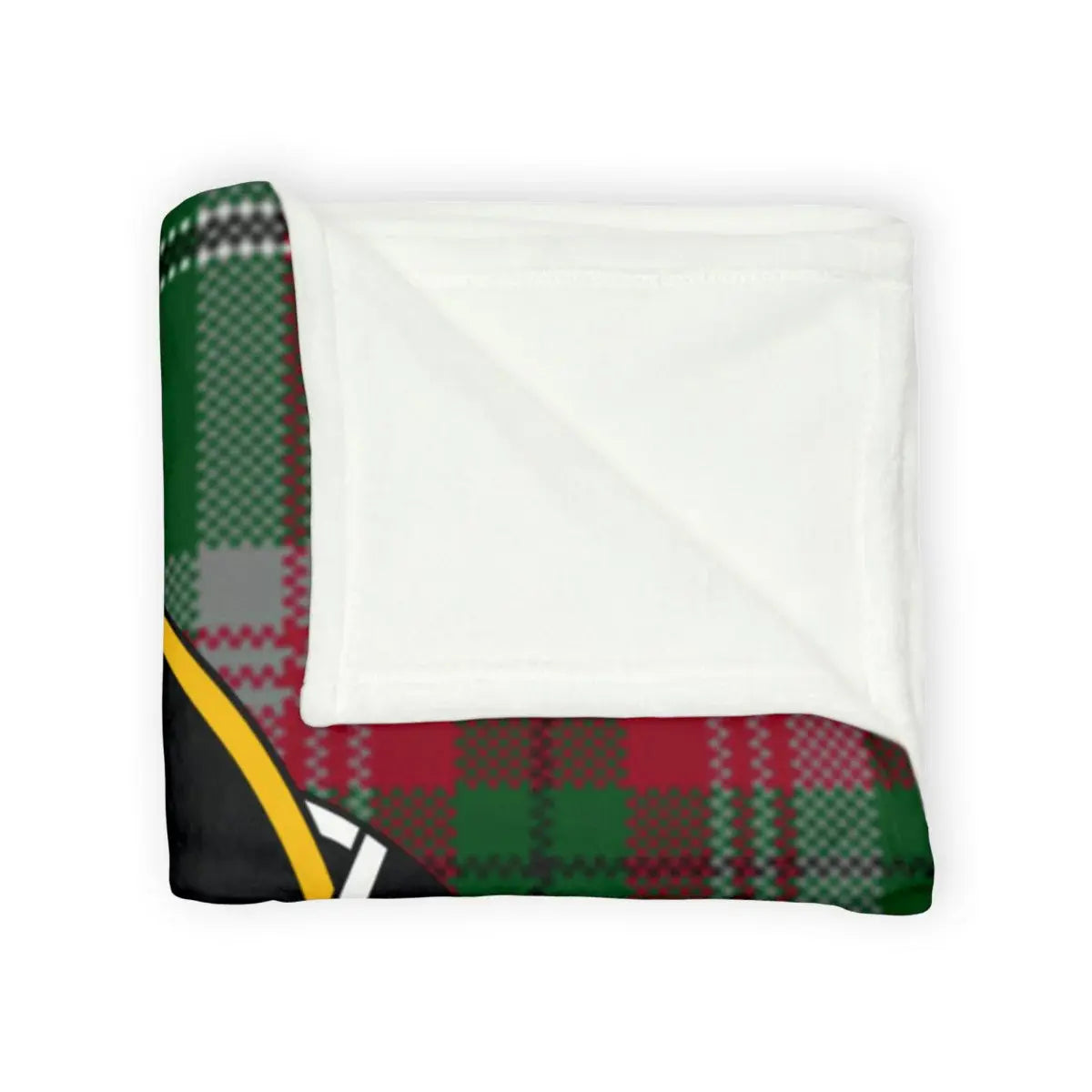 Gray clan crest throw blanket laid flat — 100% polyester, 50x60, tartan plaid pattern