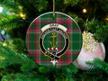 Gray clan tartan ceramic ornament — 3-inch round glossy disc with anchor crest and Anchor Fast Anchor motto