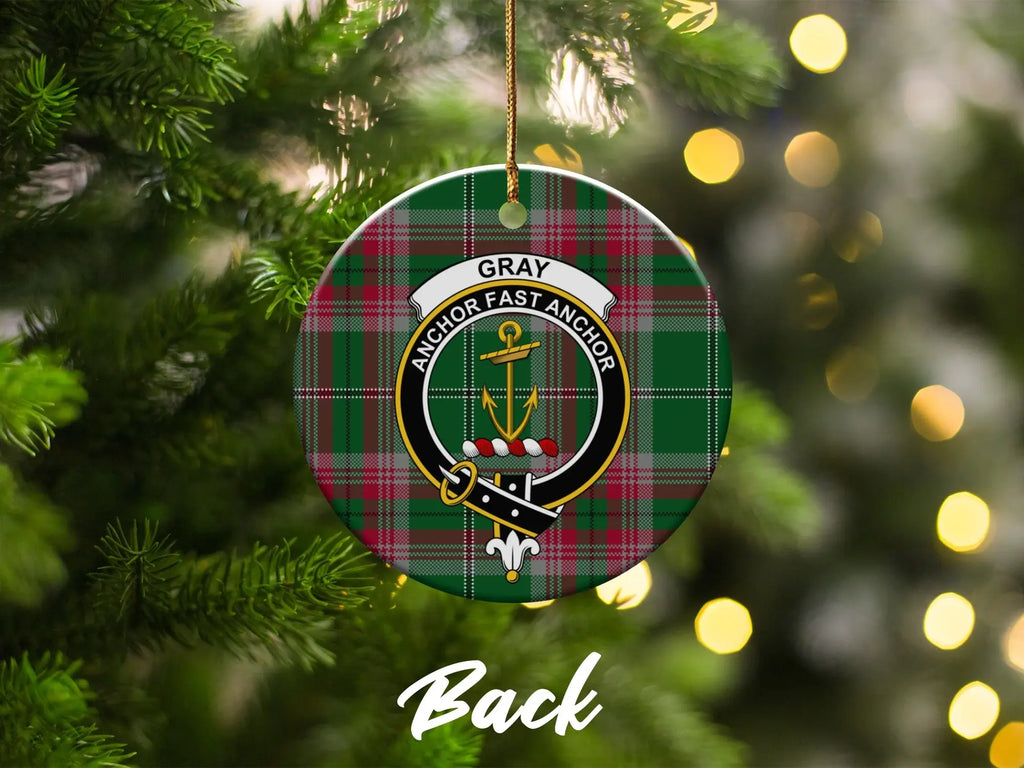 Gray clan crest tartan Christmas ornament — double-sided glazed ceramic, 3-inch disc