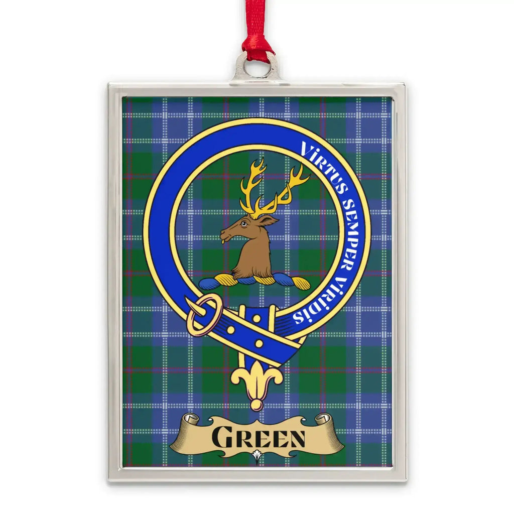 Green tartan-background crest ornament shown as a Scottish heritage keepsake gift