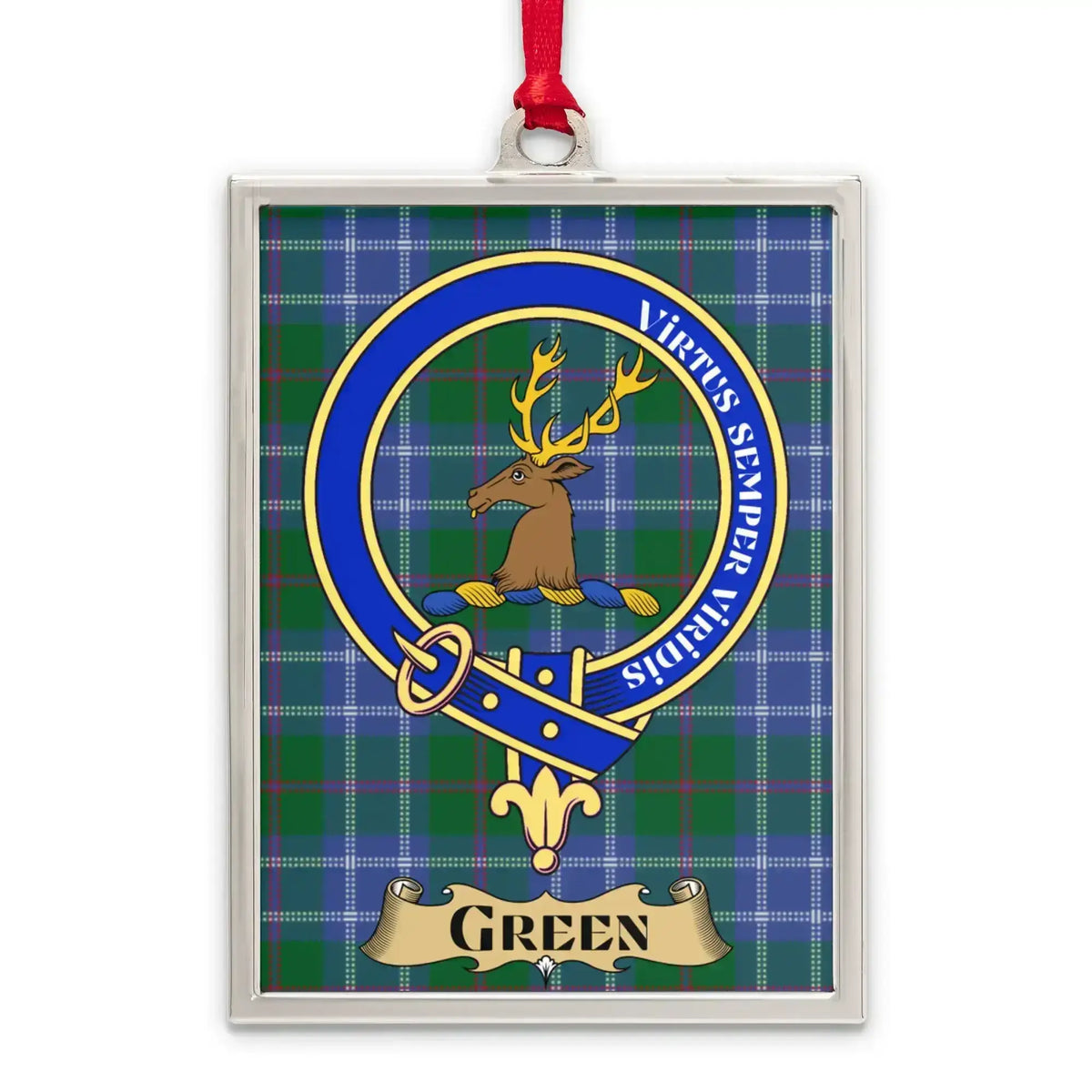 Green tartan-background crest ornament shown as a Scottish heritage keepsake gift