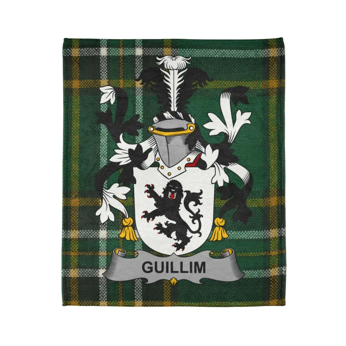 Guillim Family Crest on Green Plaid Background Blanket