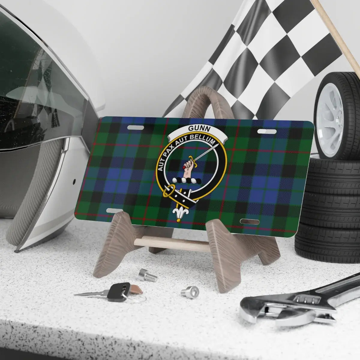 Gunn clan crest tartan novelty license plate — 12x6 aluminium with Aut Pax Aut Bellum heraldic design