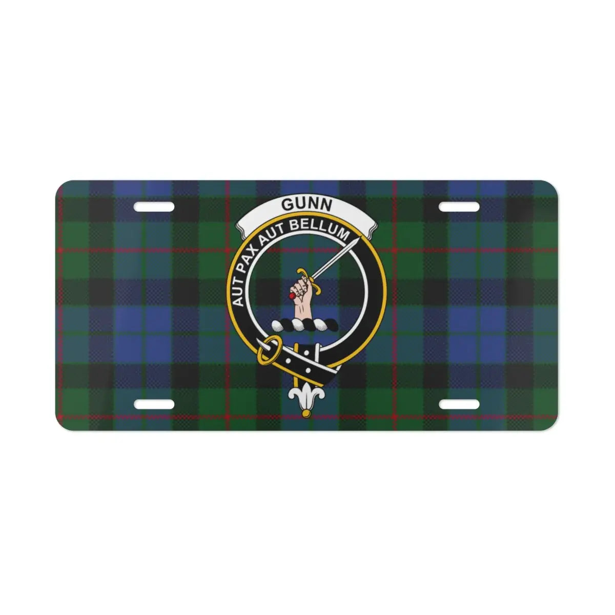 Gunn Aut Pax Aut Bellum tartan pattern novelty plate — clan crest design on aluminium