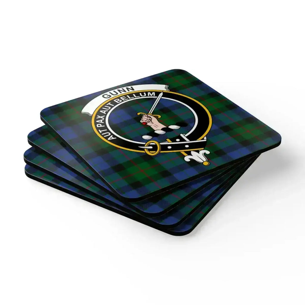 Gunn clan tartan coasters set of 4 — four natural cork squares with Aut Pax Aut Bellum design