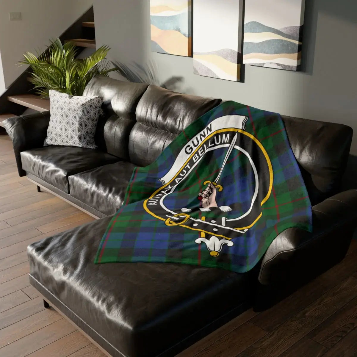 Gunn clan crest tartan throw blanket on sofa — 50x60 polyester, Aut Pax Aut Bellum heraldic design