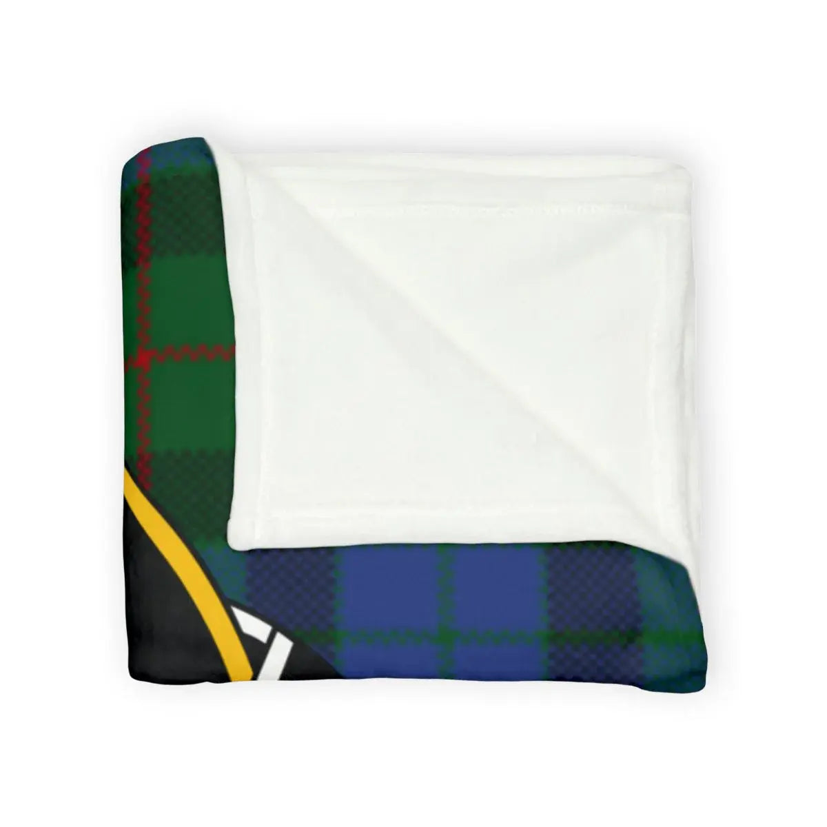 Gunn clan crest throw blanket laid flat — 100% polyester, 50x60, tartan plaid pattern