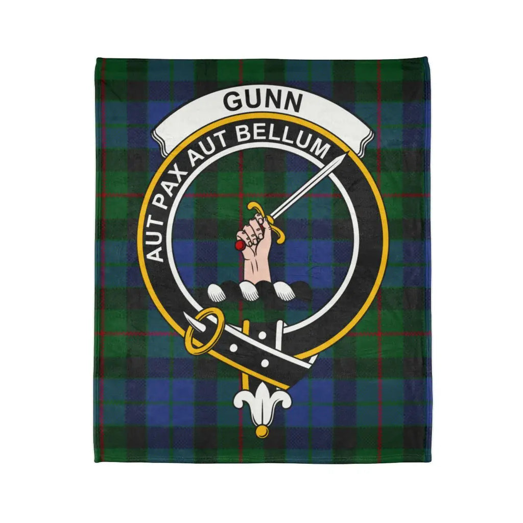 Gunn clan crest tartan green plaid throw blanket — Either Peace or War design on 50x60 polyester