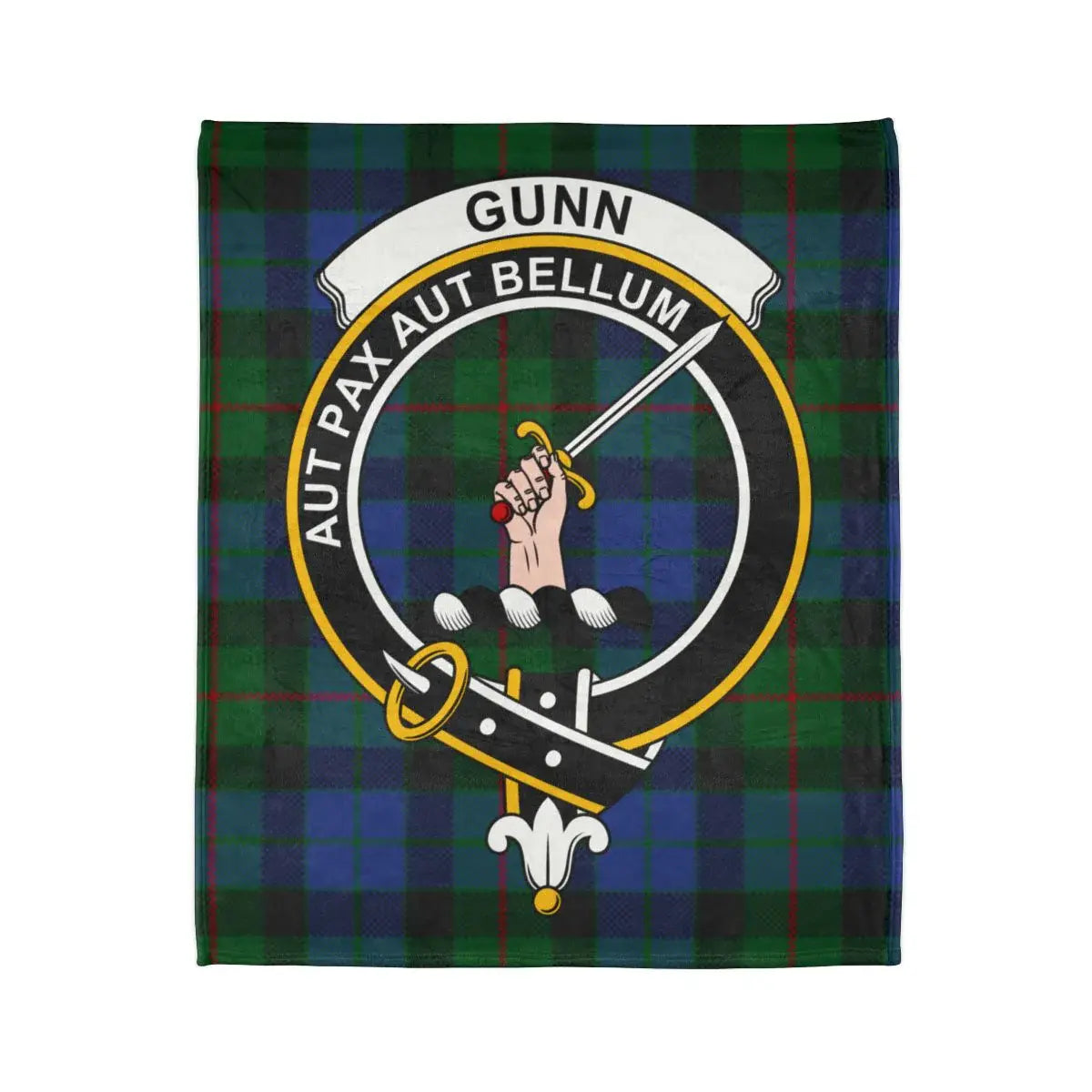 Gunn clan crest tartan green plaid throw blanket — Either Peace or War design on 50x60 polyester