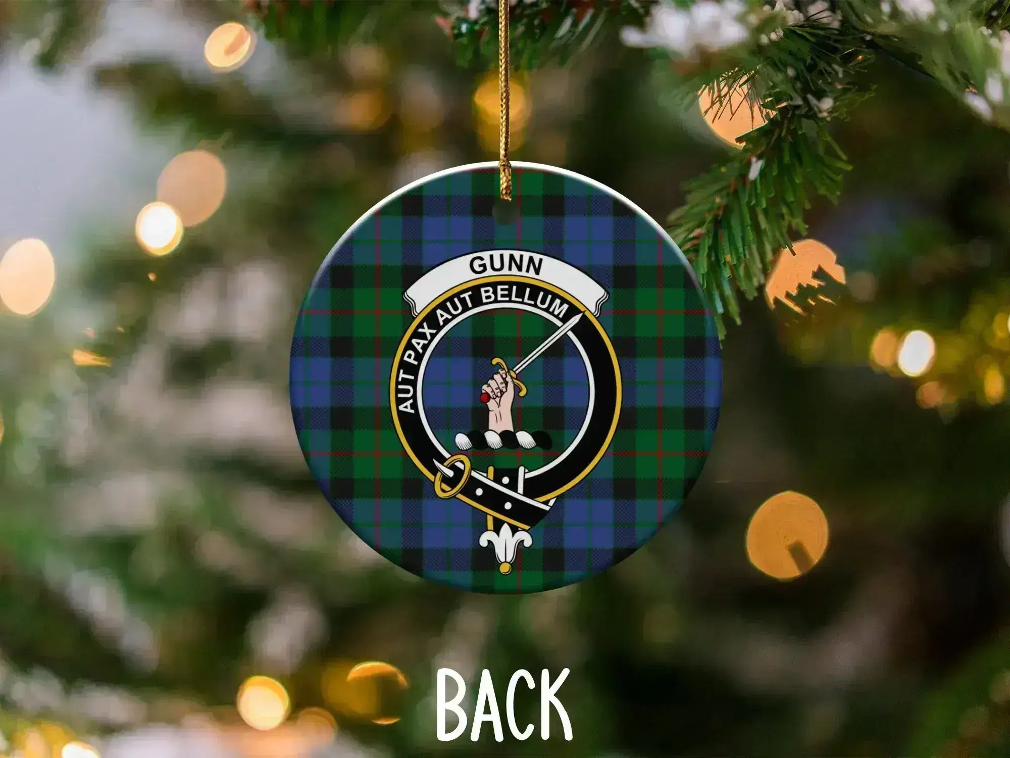 Gunn Aut Pax Aut Bellum plaid Christmas ornament — 3-inch ceramic disc, gold hanging string