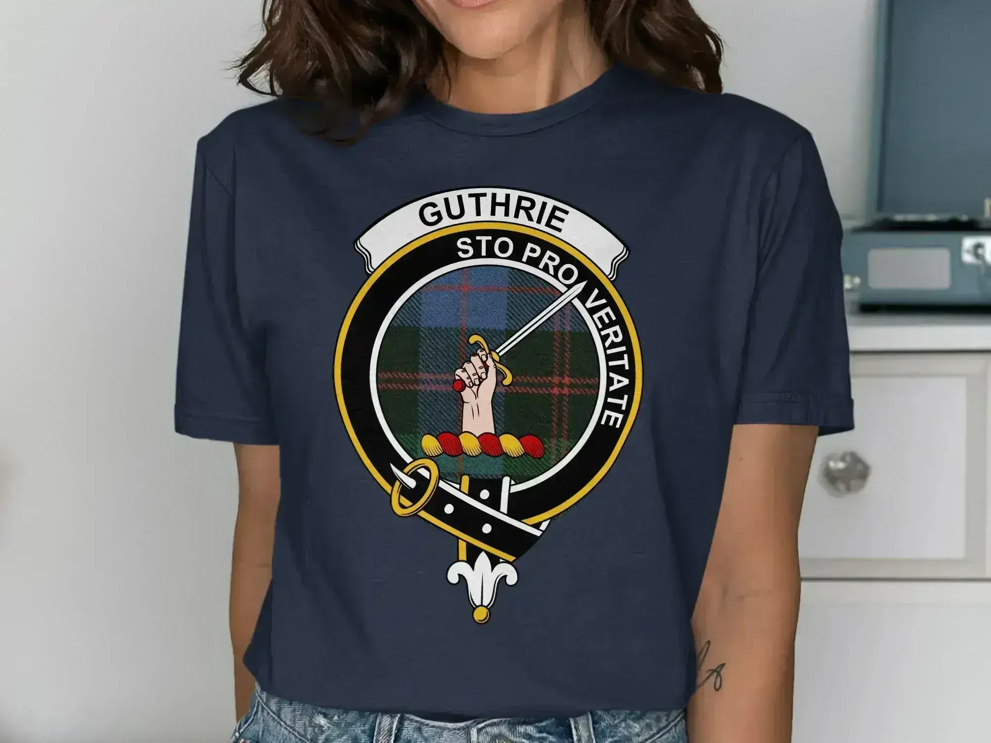 Guthrie clan crest tee in royal blue — Sto Pro Veritate emblem
