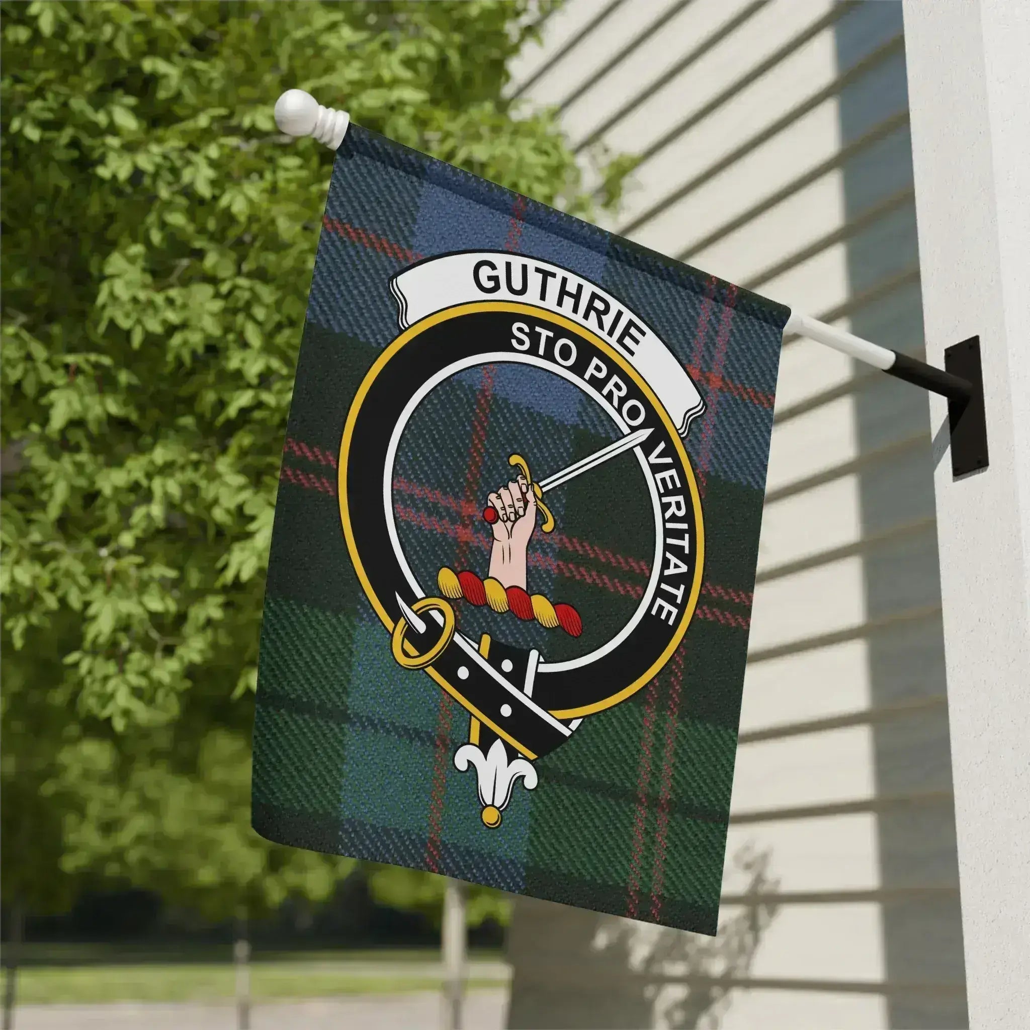 Guthrie clan crest garden flag — tartan design, poly poplin-canvas