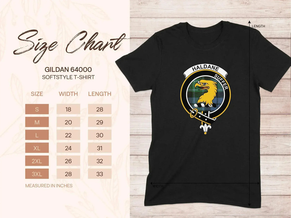 Haldane clan crest T-shirt with Suffer motto and tartan design, lifestyle view