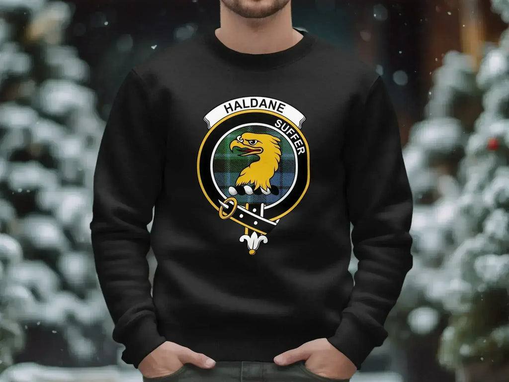 Haldane clan crest sweatshirt with Suffer motto and tartan design