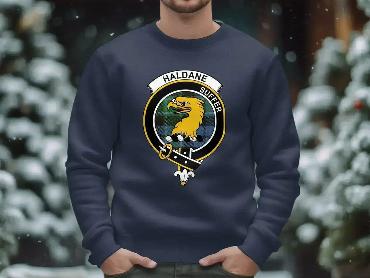 Haldane clan crest sweatshirt with Suffer motto and tartan design — alternate view