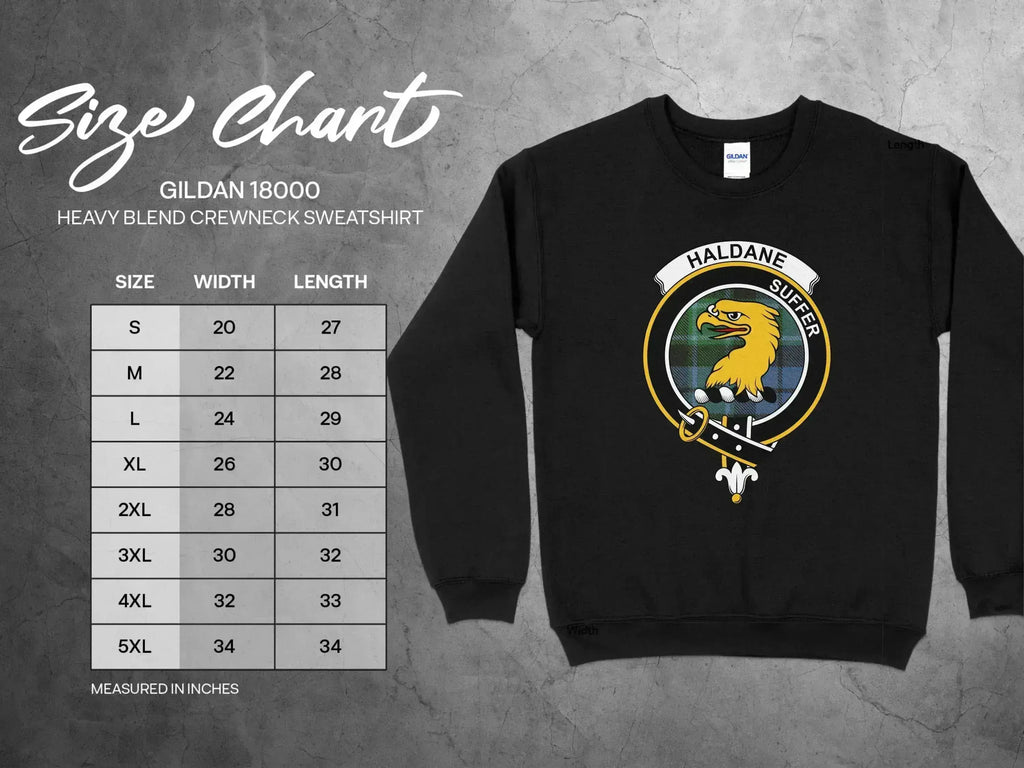 Haldane clan crest crewneck sweatshirt with Suffer motto and tartan design