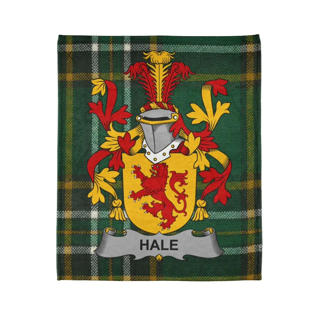 Hale Coat of Arms on Green and Yellow Tartan Blanket