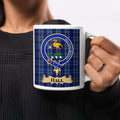Hall clan crest tartan mug — 11oz white ceramic Scottish heritage coffee cup