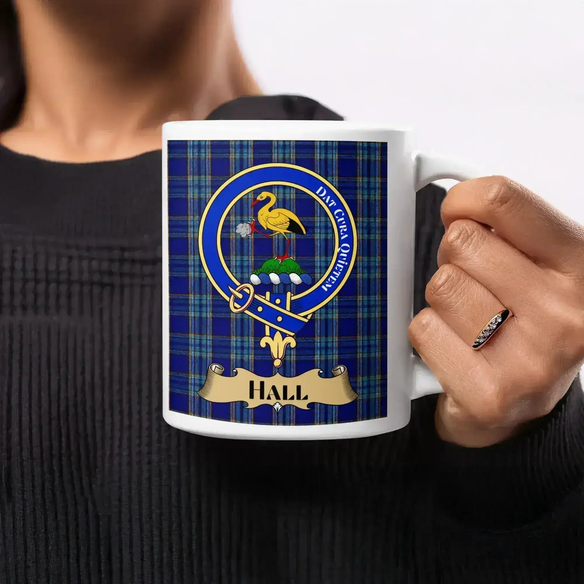 Hall clan crest tartan mug — 11oz white ceramic Scottish heritage coffee cup