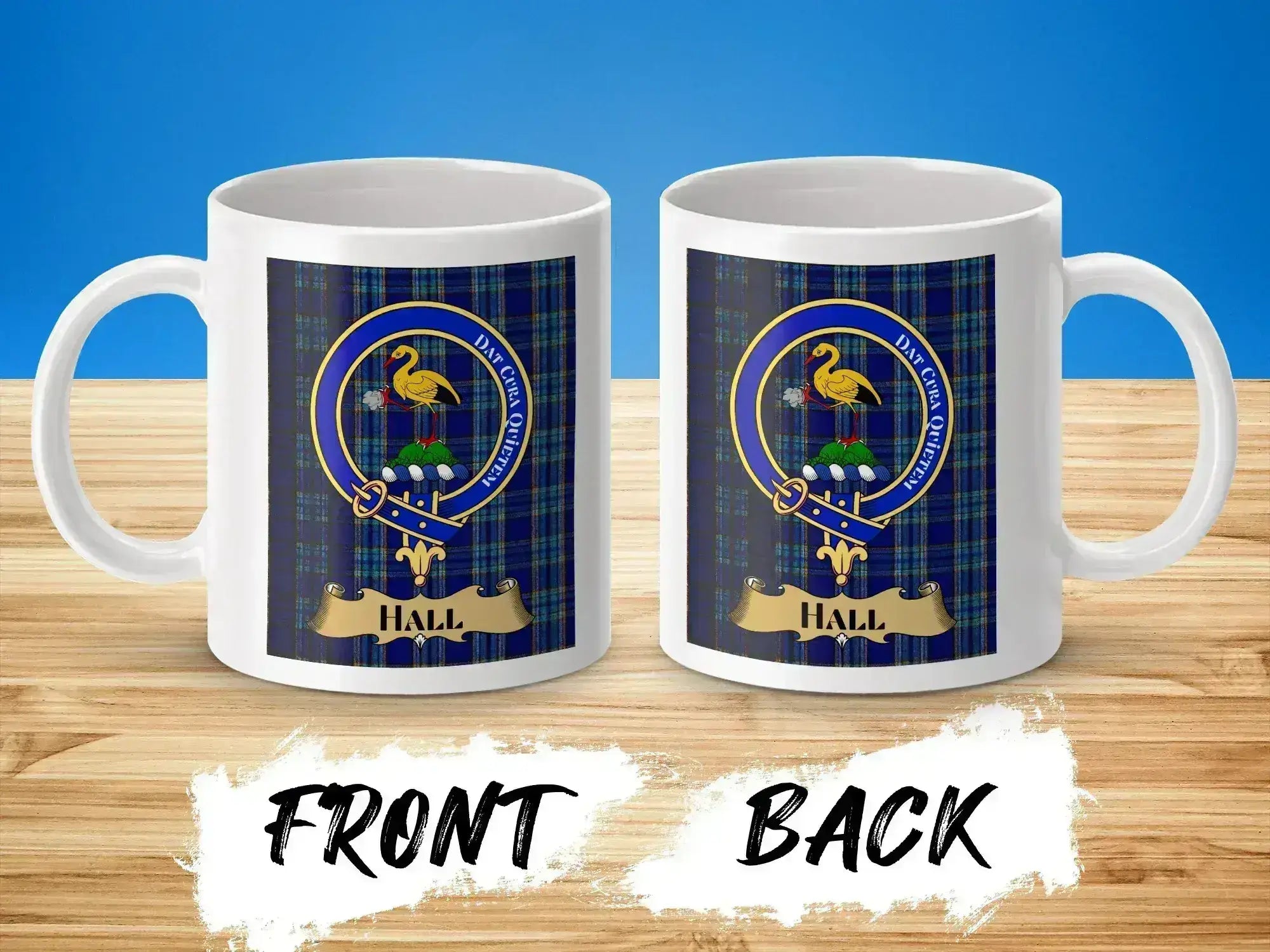 Hall clan crest and tartan on 15oz white ceramic mug — Scottish heritage design