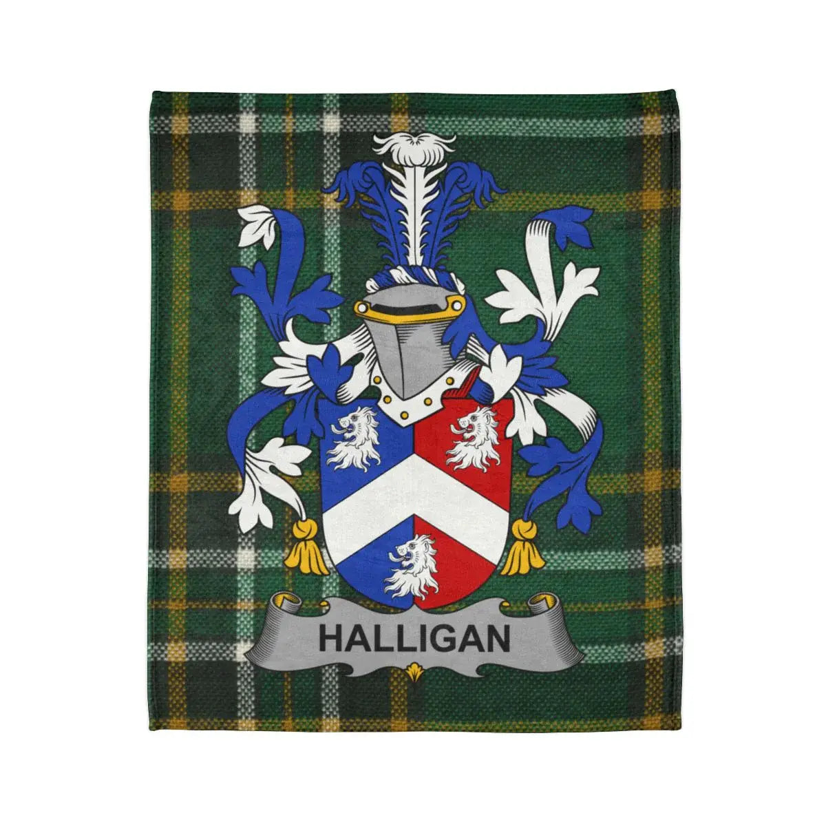 Halligan Family Crest Plaid Design Blanket Text Name