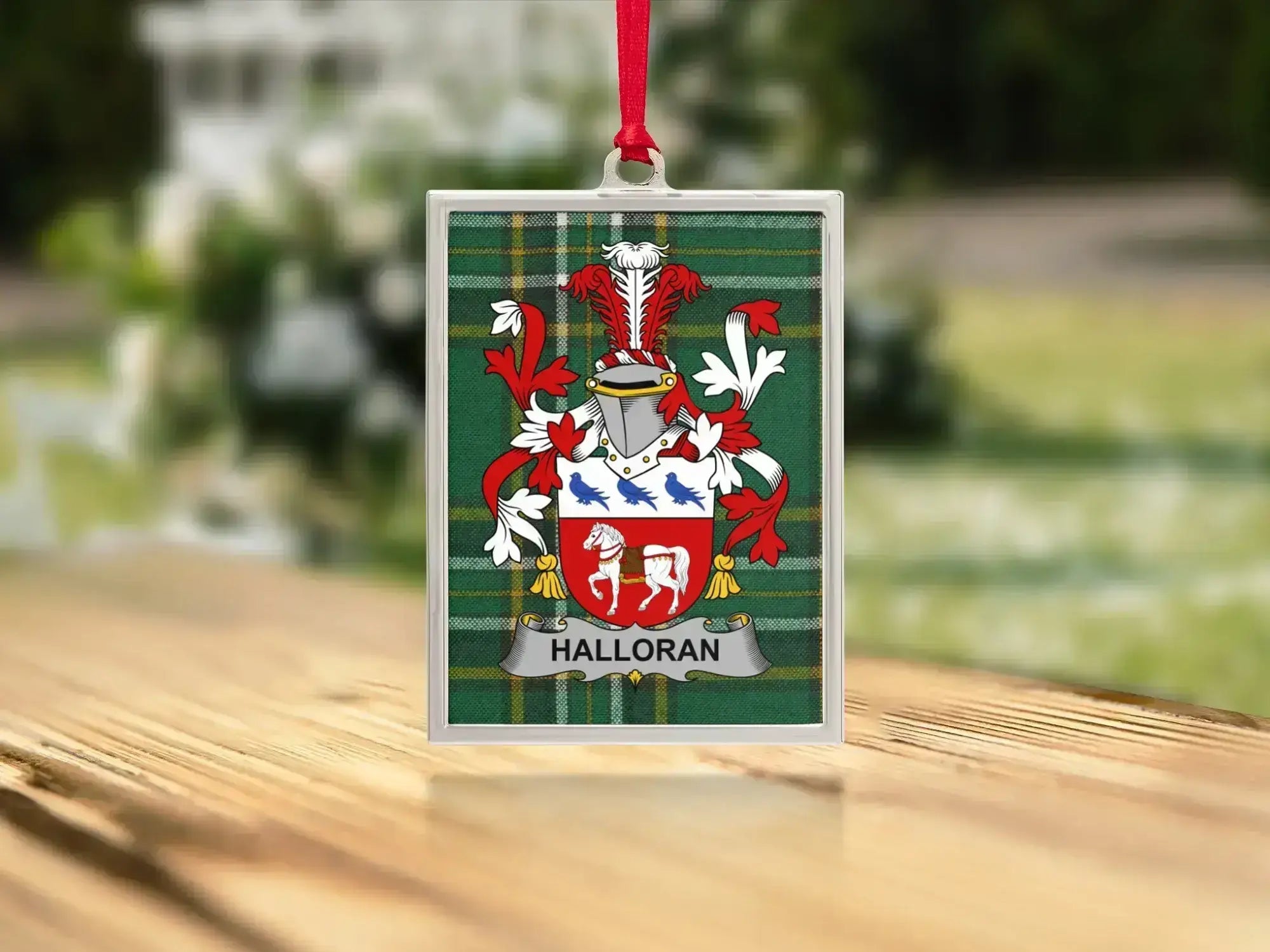 Halloran Family Crest Green Plaid Background product