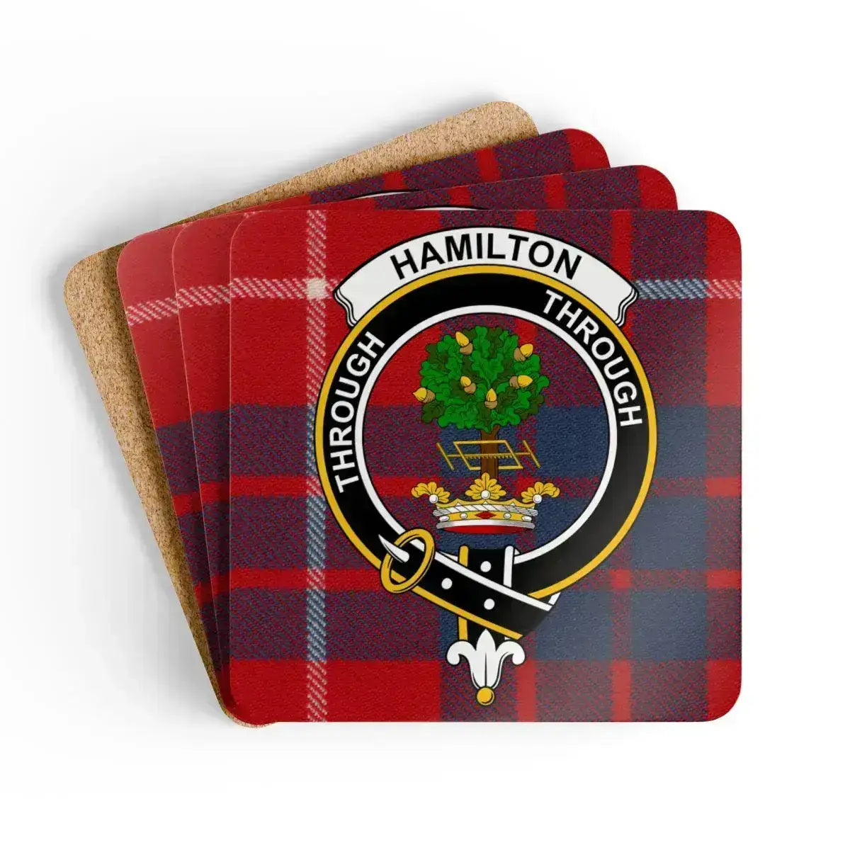 Hamilton clan crest tartan coaster set of 4 — natural cork squares with sealed Through motto design