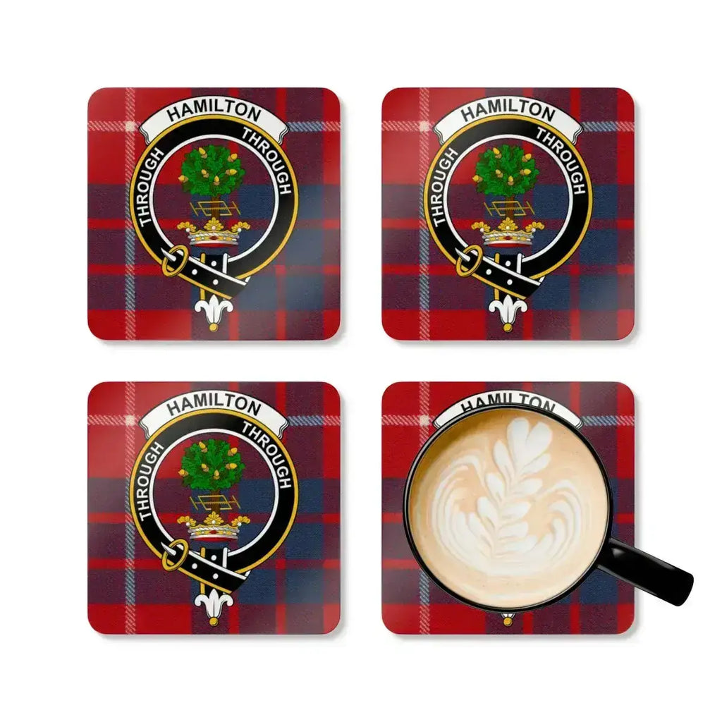 Hamilton clan tartan plaid coaster set — four cork coasters with clan heraldic design