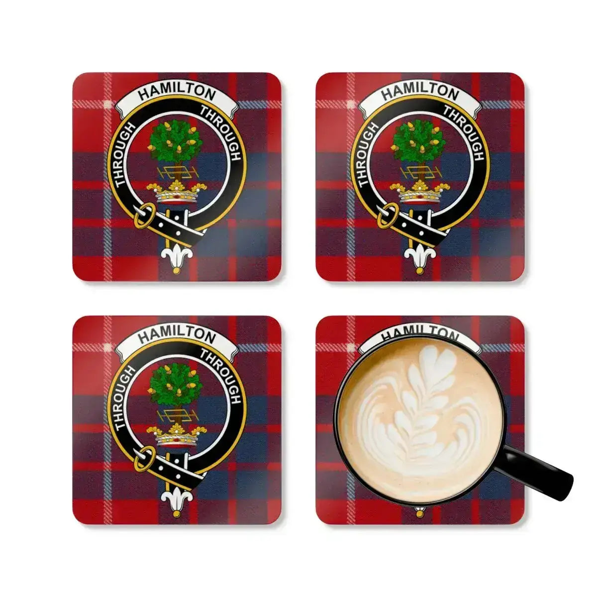 Hamilton clan tartan plaid coaster set — four cork coasters with clan heraldic design