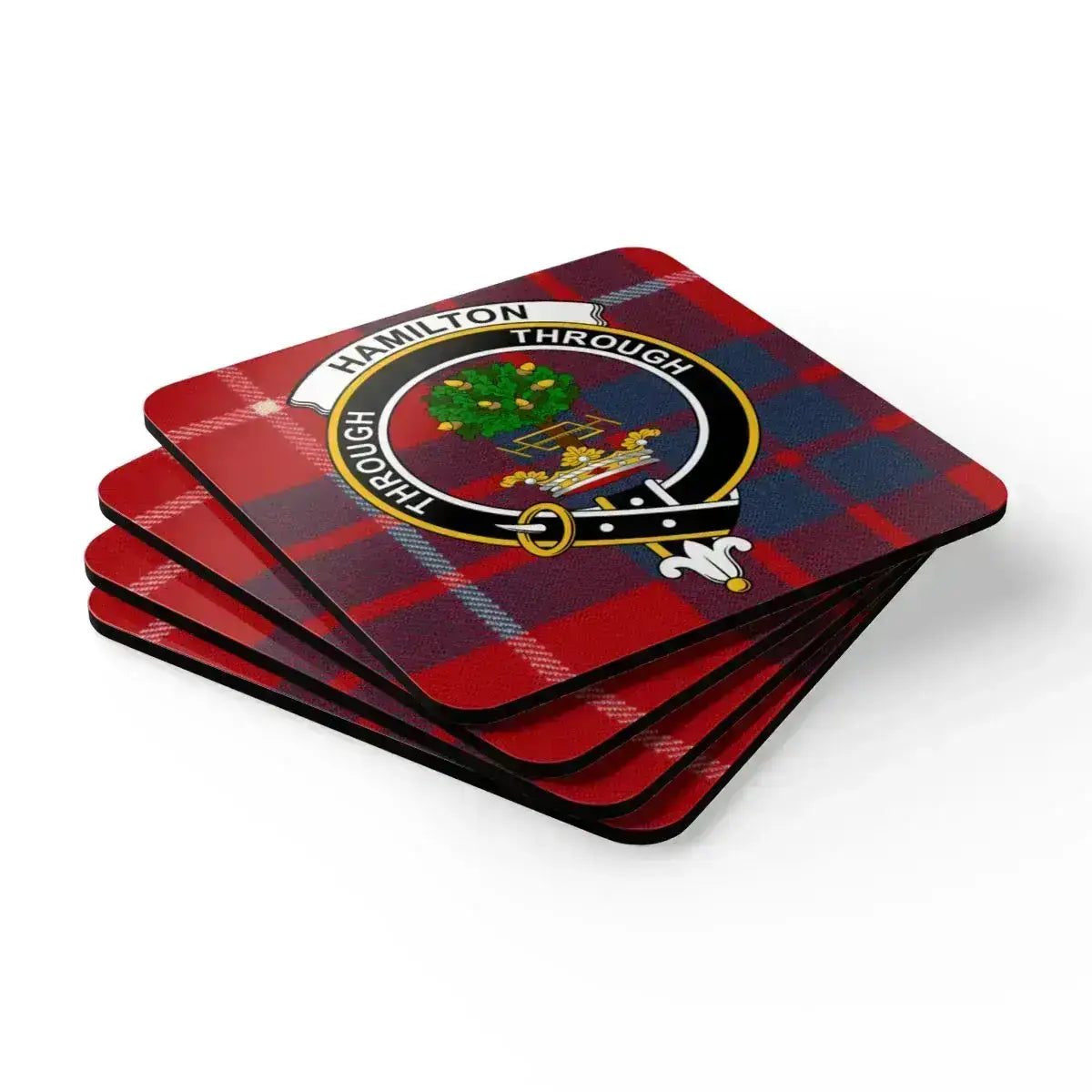 Hamilton Through plaid pattern square coaster — natural cork base, glossy clan crest design