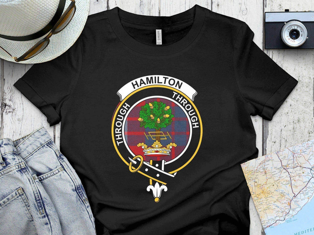 Hamilton clan crest tartan t-shirt — Through motto heraldic design on 100% cotton