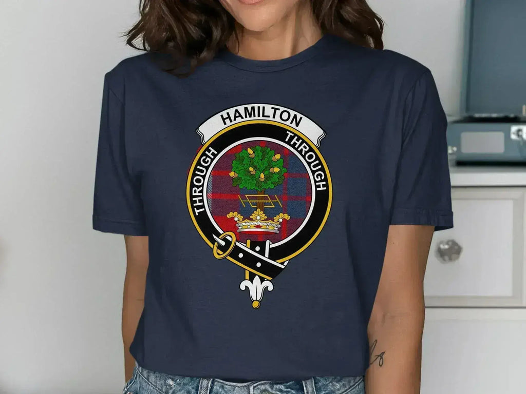 Hamilton Through emblem t-shirt in navy — clan crest on chest, unisex cotton fit