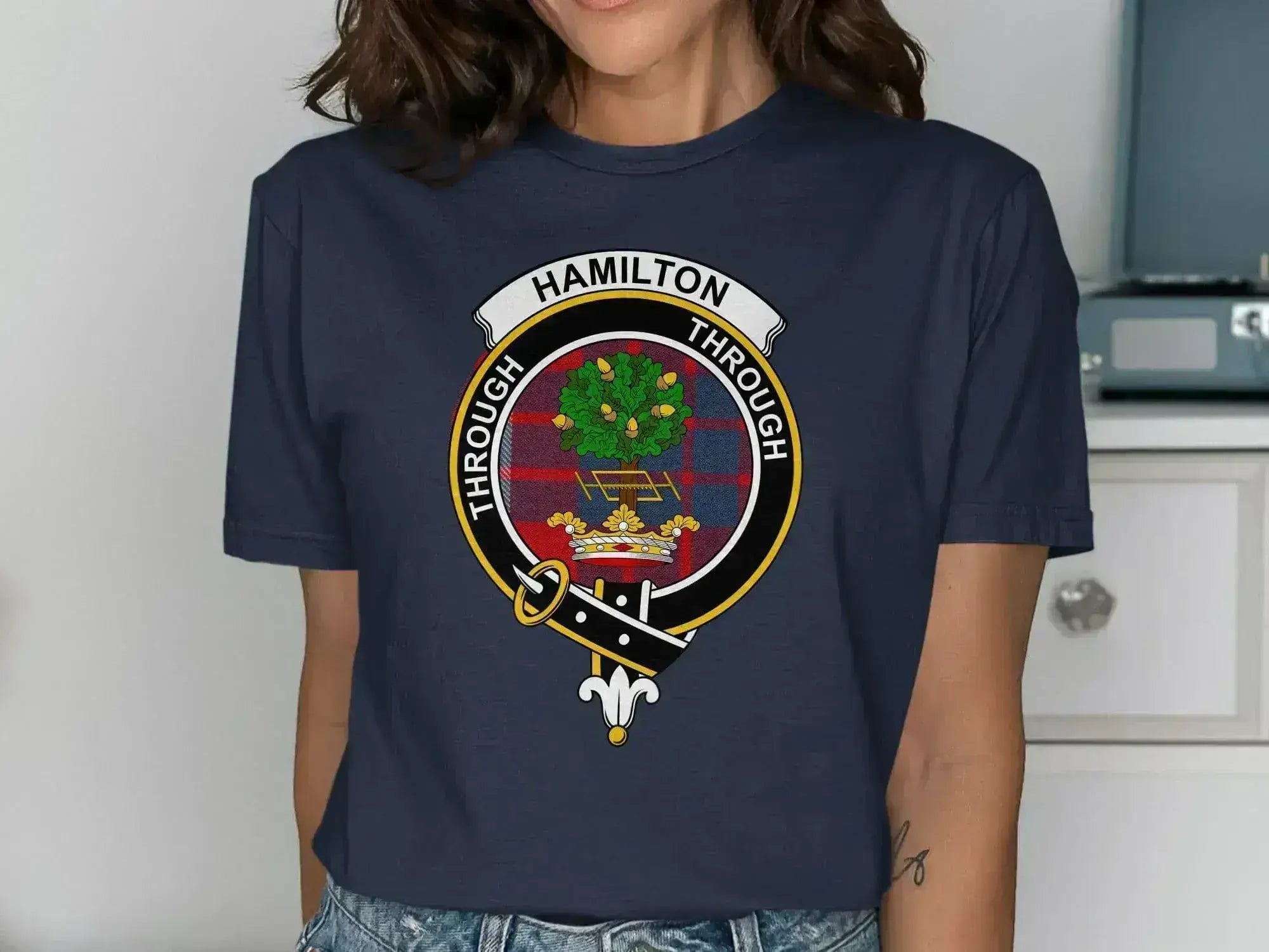 Hamilton Through emblem t-shirt in navy — clan crest on chest, unisex cotton fit