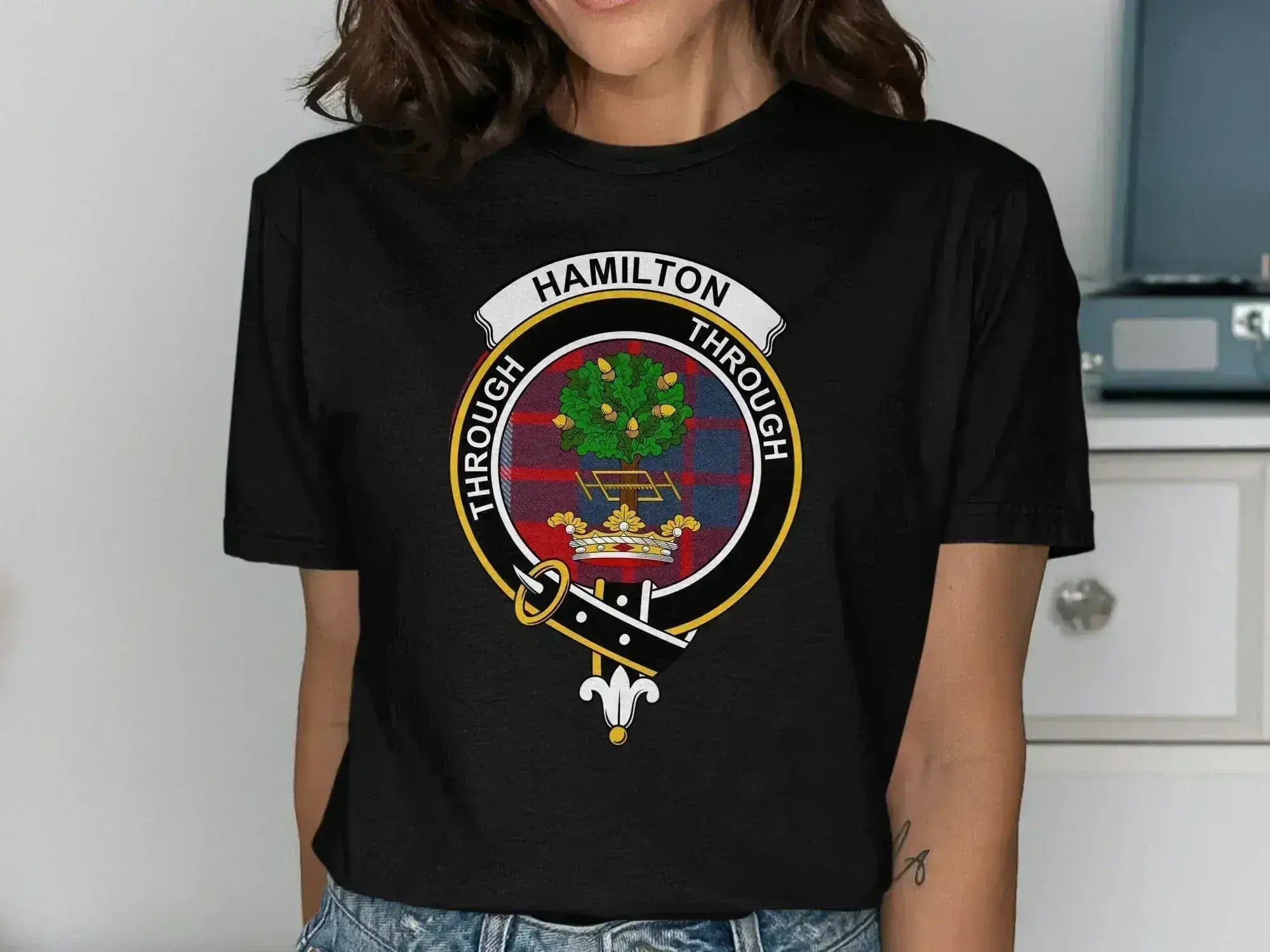 Hamilton Through graphic t-shirt in black — clan crest tartan heraldic design on cotton