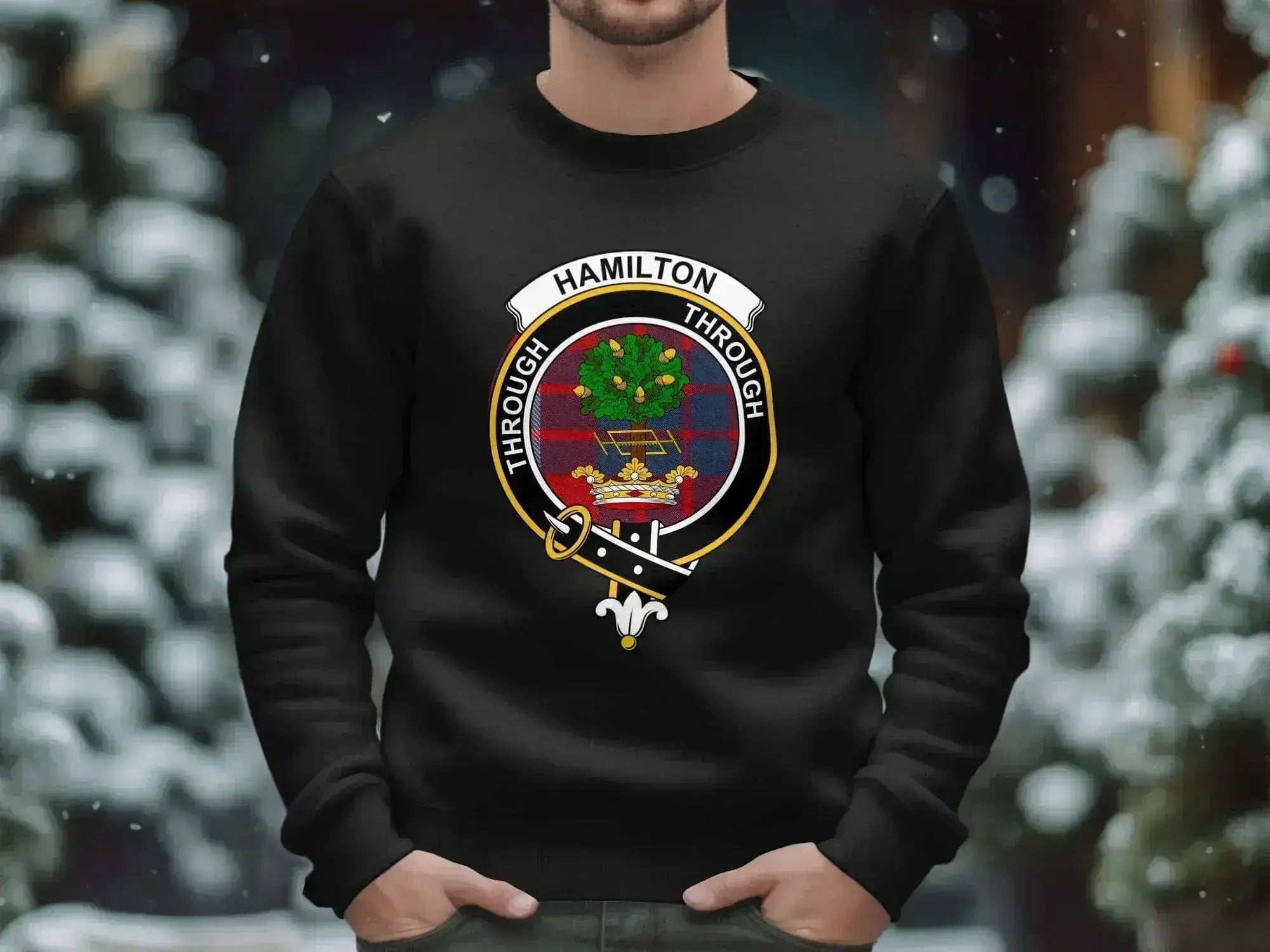 Hamilton Through and Through design sweater — clan crest heraldic on fleece fabric