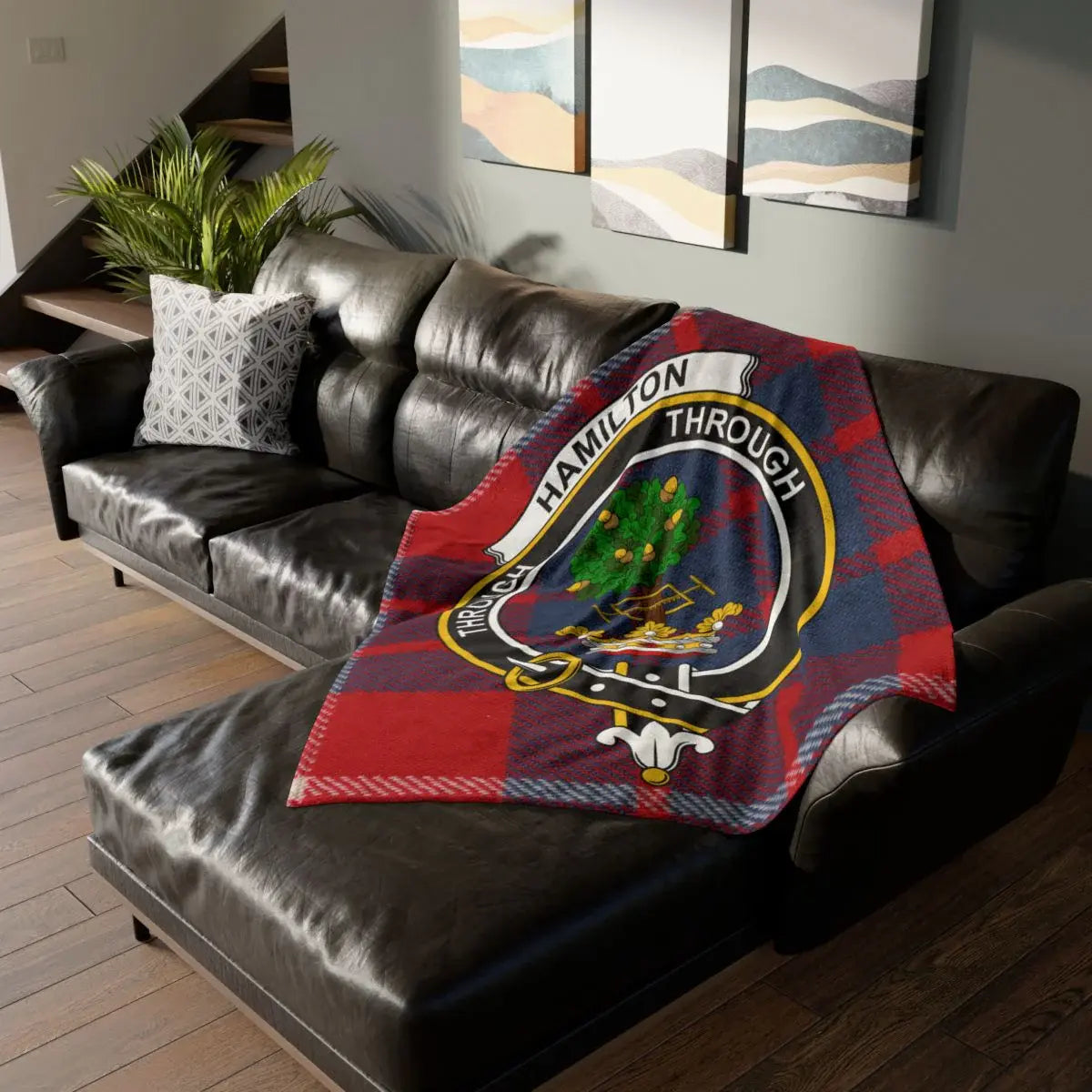 Hamilton clan crest throw blanket on sofa — 50x60 polyester, Through motto tartan heraldic design
