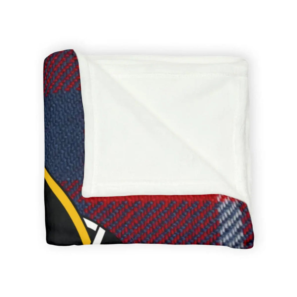 Hamilton clan crest throw blanket laid flat — 100% polyester, 50x60, tartan plaid pattern