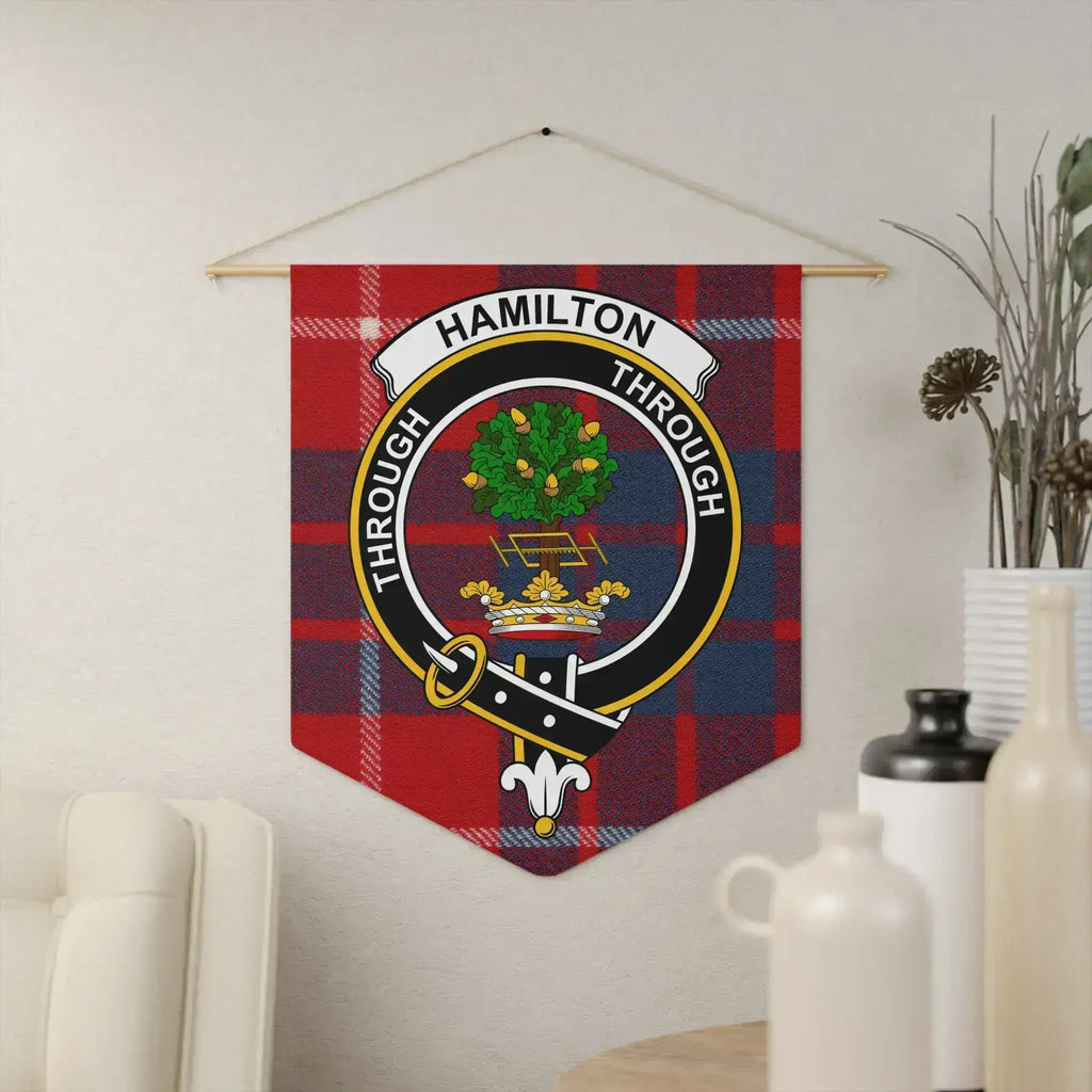 Hamilton clan crest tartan pennant 18x21 inches — polyester twill with Through motto, wooden dowel