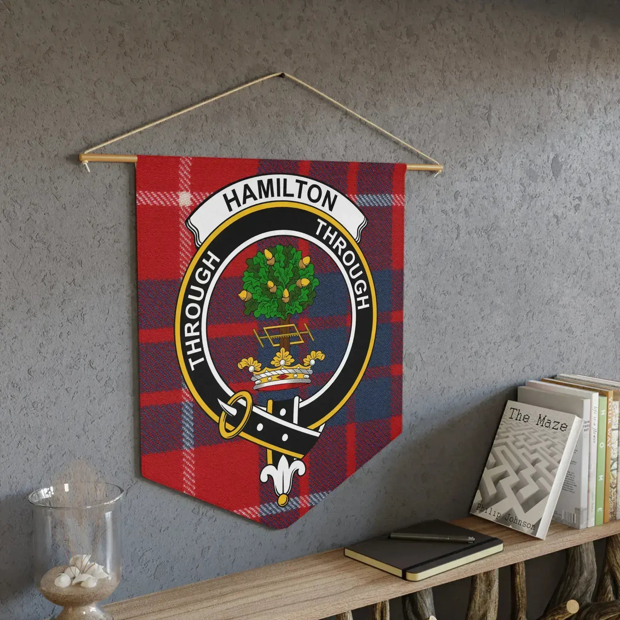 Hamilton Through crest banner wall hanging — 18x21 polyester twill pennant with clan heraldic design