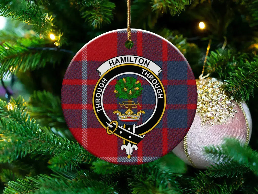 Hamilton clan tartan ceramic Christmas ornament — 3-inch round glossy disc with crest and Through motto