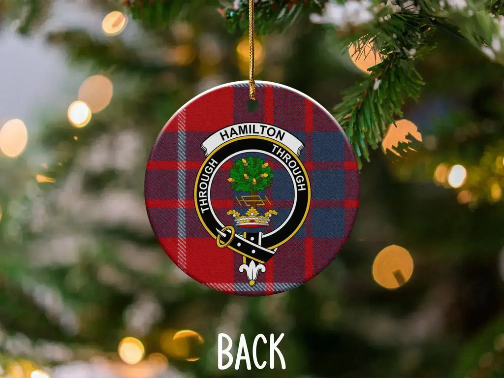 Hamilton Through clan crest Christmas ornament — 3-inch ceramic disc, gold hanging string