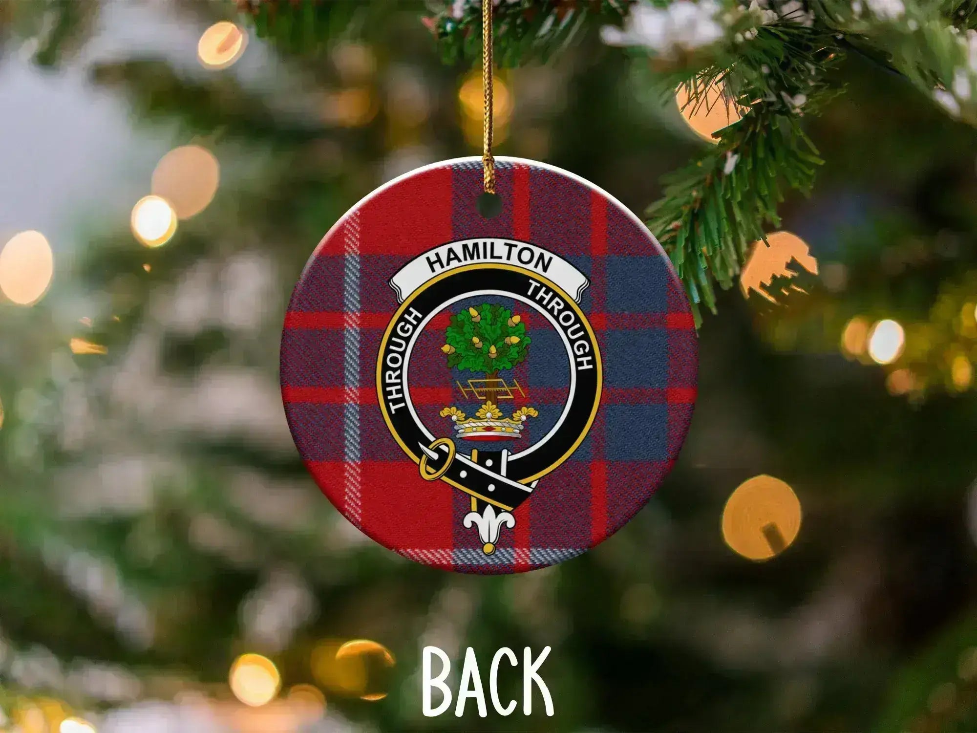 Hamilton Through clan crest Christmas ornament — 3-inch ceramic disc, gold hanging string